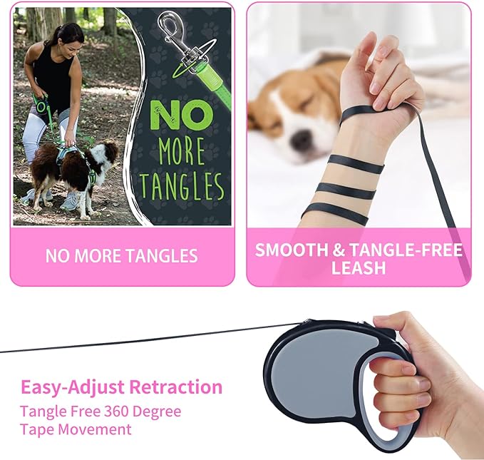 Retractable Dog Leash,[Strong Nylon Tape][One-Handed One Button Lock] for Small Medium Dogs and Cats,16ft Pet Walking Leash with 360°Tangle-Free Design,Anti-Slip Handle,Gift Package (Grey)