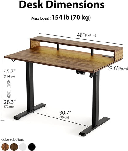 Electric Height Adjustable Standing Desk with Power Outlet and LED Light Strip, Sit to Stand, Ergonomic 48x24 Rising Desk with Memory Presets, Home Office Workstation, Computer Gaming Table, Walnut