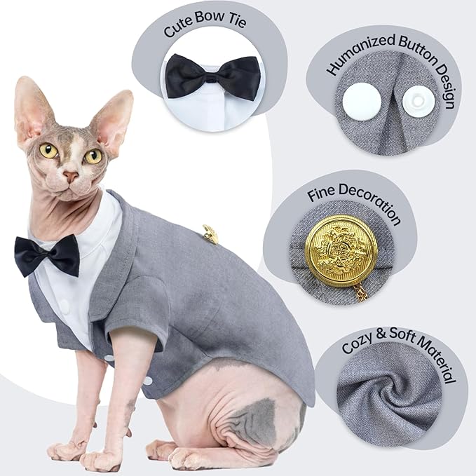 QBLEEV Cat Tuxedo Suit, Cat Halloween Costumes for Cats Only, Sphynx Cat Tuxedo Outfit Costume with Bow Tie, Kitten Formal Attire Wedding Birthday Onesie Clothes for Male Girl Hairless Cats