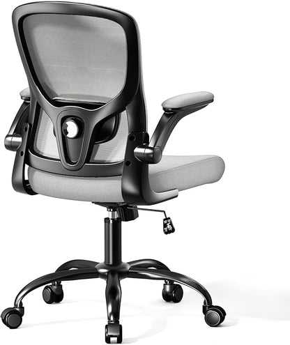 Ergonomic Office Chair-High Back Desk Chair, Adjustable Lumbar Support, Flip-Up Arms, 90-120° Tilt Lock, Breathable Mesh Back Rolling Work Chair for Man Woman(Grey)