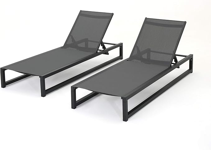 Christopher Knight Home Modesta Outdoor Aluminum Framed Chaise Lounges with Mesh Body, 2-Pcs Set, Black Finish / Grey Mesh