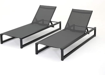 Christopher Knight Home Modesta Outdoor Aluminum Framed Chaise Lounges with Mesh Body, 2-Pcs Set, Black Finish / Grey Mesh