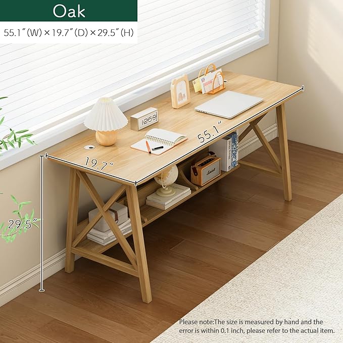 Extra Long Desk with Bookshelf - Wooden Home Office Work Study Table, Writing Computer Workstation with Storage Shelf in Oak, 55" Wx20 Dx30 H