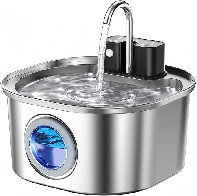 Voluas Stainless Steel Cat Water Fountain-Wireless Pet Water Fountain Battery Operated,108oz/3.2L, Automatic Water Dispenser for Dogs with Quiet Pump,Easy Clean BPA-Free for Cats, Dogs, Multiple Pets