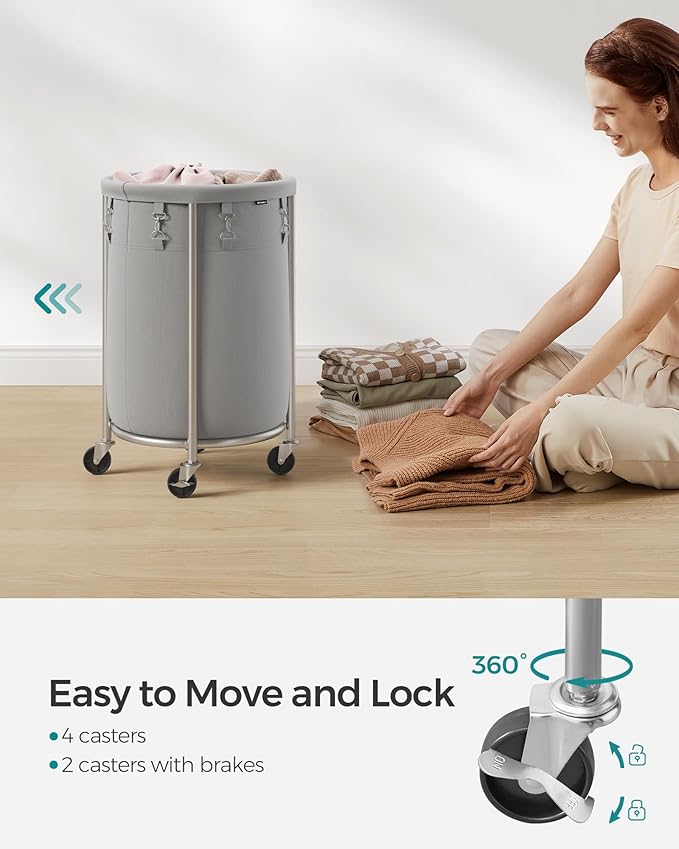 SONGMICS 18.5-Gallon (70 L) Laundry Basket with Wheels, Rolling Round Heavy-Duty Laundry Hamper Cart with Steel Frame and Removable Bag, 2 Locking Wheels, Gray and Metallic Silver URLS006G01