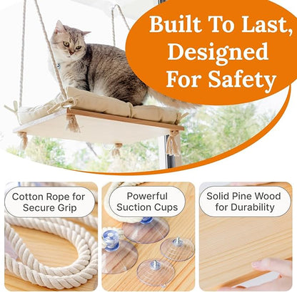 Cat Window Perch - Hammock Bed for Cats Inside - Solid Wood Seat, 4 Strong Suction Cups, Soft Cushion - Rustic Indoor Pet Shelf