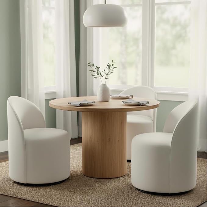 Modern Barrel Dining Chairs Set of 3, Swivel Base White Accent Chair 360°Rotating Vanity Chair Mid-Century Dining Side Chair Kitchen Chair for Living Room, Bedroom, Home, Office, Kitchen