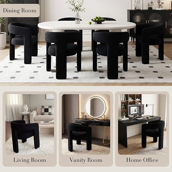 Modern Sherpa Dining Chairs Set of 8, Upholstered Barrel Chairs with Arms Comfy Accent Side Chairs for Living Room/Dining Room/Reception, Black