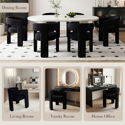 Modern Sherpa Dining Chairs Set of 8, Upholstered Barrel Chairs with Arms Comfy Accent Side Chairs for Living Room/Dining Room/Reception, Black