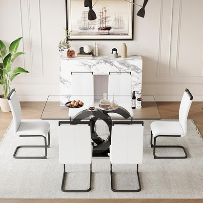 63'' Glass Dining Table Set for 6, Kitchen Table Chairs Set of 6, Clear Glass Dining Table with Black unique design Leg and Silver Metal Base, 6 PU Dining Chairs with Metal Legs, Living Room, Kitchen.