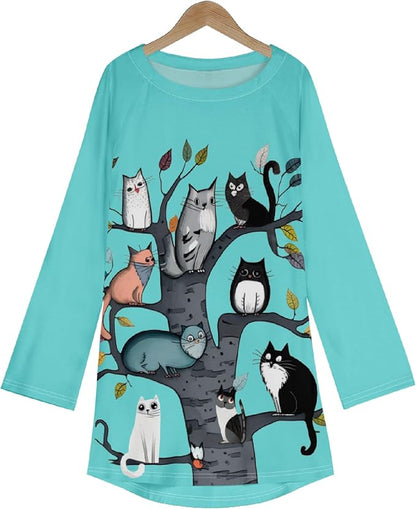 Womens Tunic Shirt Cute Cat Print Long Sleeve Round Neck Women T Shirts Cotton Casual Plus Size Vacation Tunics Tops