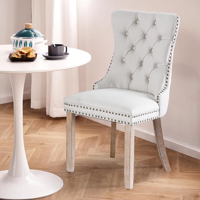 SoarFlash Kitchen Table and Chairs for 2, 31.5" Dining Table Set for 2 with Linen Upholstered Chairs, 3 Piece Round Kitchen Table Set, Dining Room Table Set for Small Space, Apartment, Beige/White