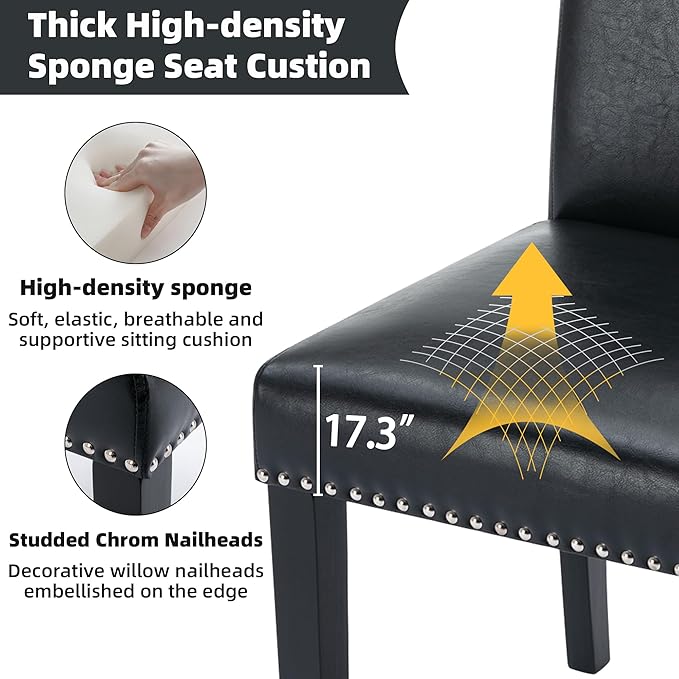 Westice Dining Room Chairs Set of 2 Upholstered PU Leather Kitchen Chairs Dining Room Side Chair with Nailhead Trim and Rubber Wood Legs for Small Space Apartment, Black