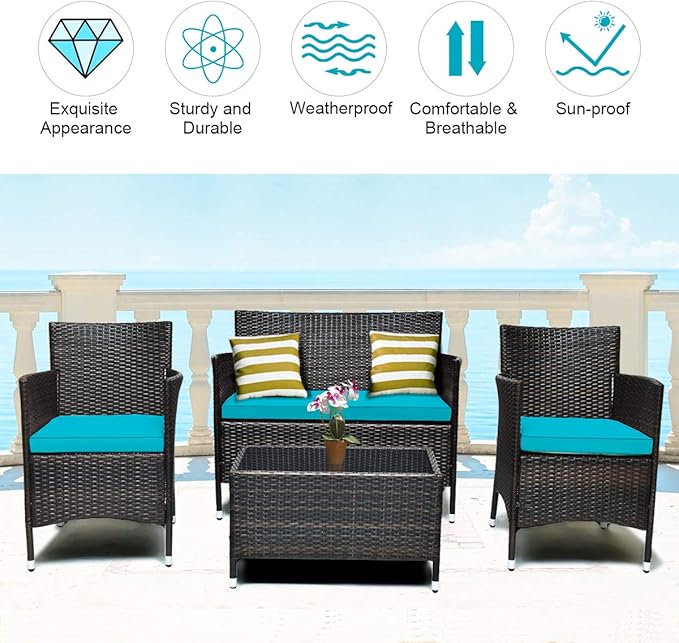 Tangkula 4 Pieces Patio Rattan Conversation Set with Tempered Glass Coffee Table & Thick Cushion, Wicker Chair Set for Garden, Lawn, Poolside and Backyard