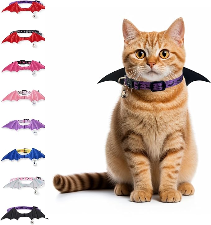 1 PC Bat Wing Cat Collar with Bell, Adjustable Kitten Collar with Safety Breakaway Buckle for Boy&Girl Cats, Halloween Christmas Cat Accessories for Kitten Puppy