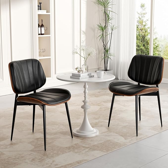 Dining Chairs Set of 2, Mid Century Modern Dining Room Chair, Upholstered Faux Leather Kitchen Chairs with Walnut Bentwood Back and Metal Legs for Kitchen Dining Room Living Room, Black