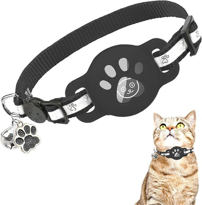 Airtag Cat Collar Breakaway, Reflective Kitten Collar with Bell and Apple Air Tag Holder, GPS Cute Cat Collar, Glow in The Dark Pet Collars for Boy Girl Cats, Kittens, Puppies, Black