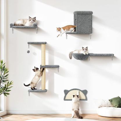 5-in-1 Cat Wall Shelves, Solid Wood & Velvet & Sisal Scratcher, 44lbs Max Load, Wall Mounted Cat Furniture for Climbers, Cat Climbing Wall System, Fits Drywall & Solid Walls - Cool Gray