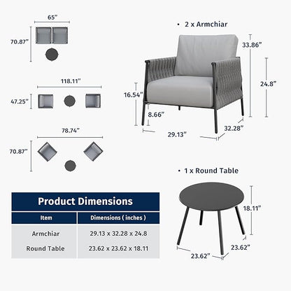 East Oak 3-Piece Patio Furniture Set | Armchairs & Coffee Table | Outdoor Furniture with Cushions | Deep Seating Modern Conversation Set | Garden, Porch, Balcony & Backyard | Misty Grey