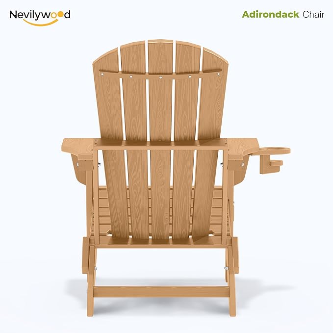 nevilywood Folding Adirondack Chair - Extended Ergonomic Backrest, Cup Holder - Easy Assembly - Durable HDPE Plastic, Weather Resistant & Maintenance-Free - Lawn, Patio, Deck Supports 380lbs,Teak