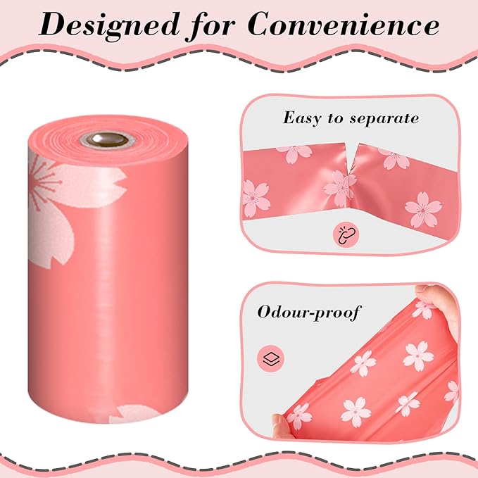 Cherry Blossom Scented Dog Poop Bags - 360 counts Pink Pet Waste Bags with Dispensers, Extra Large 13x9 Inch Leak-Proof Fragrance Bags for Dogs Walking and Cat Litter