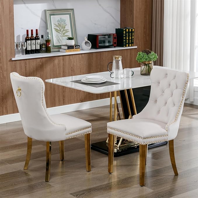 70" Marble Dining Table Set for 6, Modern 7 Piece Dining Room Table Set with White Faux Marble Dining Table & 6 Beige Velvet Upholstered Chairs, Luxury Gold Kitchen Table Chairs Set of 6