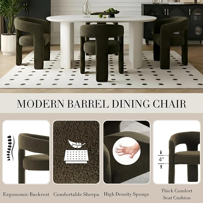 Modern Sherpa Barrel Dining Chair Upholstered Faux Fur Dining Room Chair with Arm Comfy Accent Side Chair for Kitchen/Living Room/Reception, Green, 1 PC
