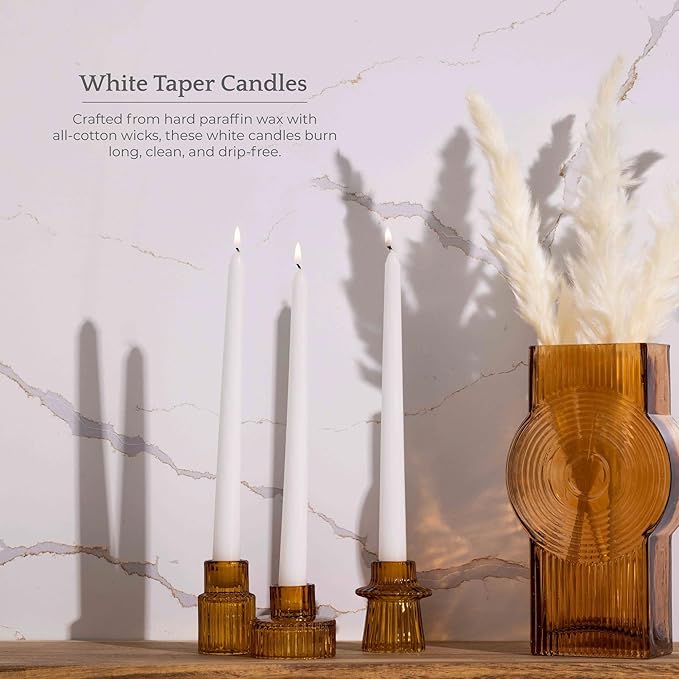 Bask 10-inch Taper Candles - Unscented and Dripless - Burns for 8 Hours - Home Decor for Dinner Table, Kitchen, and Bedroom - Perfect for a Romantic Date or Anniversary - 12-Pack - White
