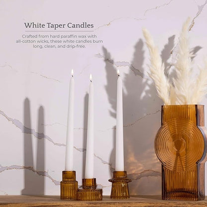 Bask 10-inch Taper Candles - Unscented and Dripless - Burns for 8 Hours - Home Decor for Dinner Table, Kitchen, and Bedroom - Perfect for a Romantic Date or Anniversary - 12-Pack - White