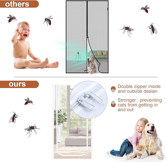 Dixutzi Reinforced Cat Screen Door Fits Door Size 36''x 80'', Heavy Duty Pets Proof Screen Door with Zipper, Prevent Dogs Cats Running Out from Home (White)