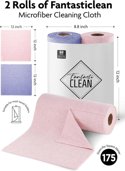 Fantasticlean Microfiber Cleaning Cloth Roll -60 Pack, Tear Away Microfiber Towels, 12" x 12", Reusable, Washable, Scratch Free, Ultra Absorbent Dishcloth for All-Around Cleaning (Pink & Lavender)