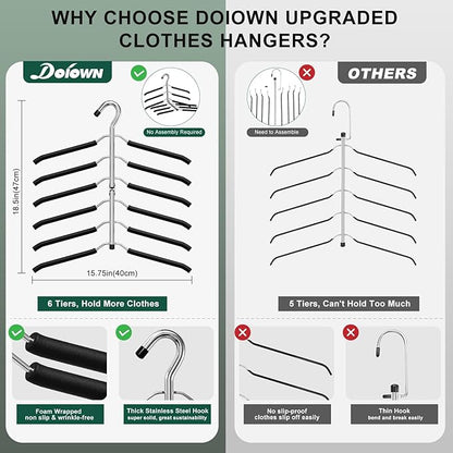 DOIOWN Clothes Hangers Space Saving: 6 Tier Coat Hanger Space Saving Hangers Non Slip Foam Padded Hanger, 3 Pack Black Metal Sweater T Shirt Hangers for Men Women, Closet Organizers and Storage
