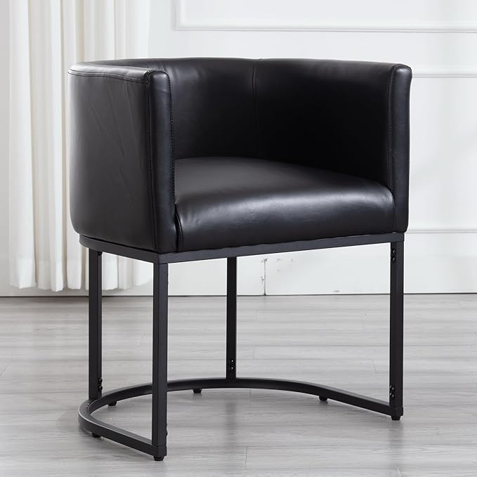 Faux Leather Dining Chair Modern Barrel Arm Chairs with Black Metal Frame, Upholstered Kitchen Chairs 18.5" Wide Accent Chair for Living Room Dining Room Restaurant, Black