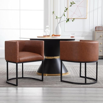 Faux Leather Dining Chair Modern Barrel Arm Chairs with Black Metal Frame, Upholstered Kitchen Chairs 18.5" Wide Accent Chair for Living Room Dining Room Restaurant, Brown