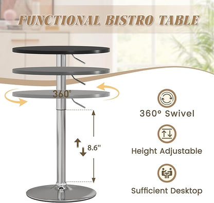 Shahoo Round Bar Table, Adjustable Height and 360° Swivel Bistro Pub Table, Cooktail Table for Bar, Bistro, Dining Room, Black with Silver Base