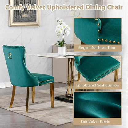 Goujxcy 3 Piece Round Glass Dining Table Set for 2, 36" Round Dining Table & Chair Set Modern Circle Glass Kitchen Table and 2 Velvet Upholstered Chairs for Kitchen Dining (Gold Table & Green Chair)