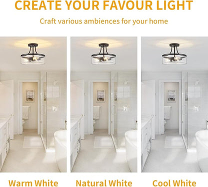 11.81" Black Semi Flush Mount Ceiling Light, Modern Glass Light Fixture, Industrial Hallway Light, 3-Light Close to Ceiling Light Fixtures for Entryway Bedroom Kitchen Laundry Dining Room, UL Listed