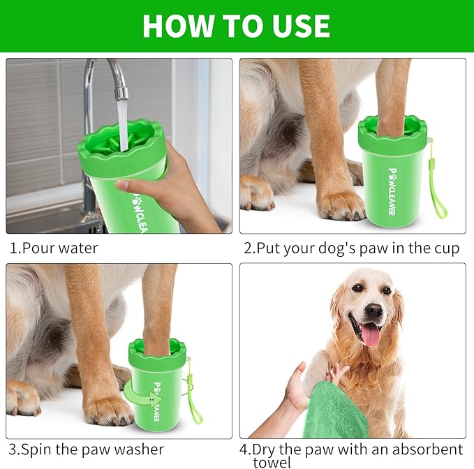 Professional 7 in 1 Dog Paw Cleaner for Dogs & Cats - Includes 1 Portable Paw Washer, 1 Bath Brush, 2 Dog Toothbrushes and 3 Absorbent Towels Note: Fits Paws 1.5 to 2.5 Inches Wide (Medium, Green)