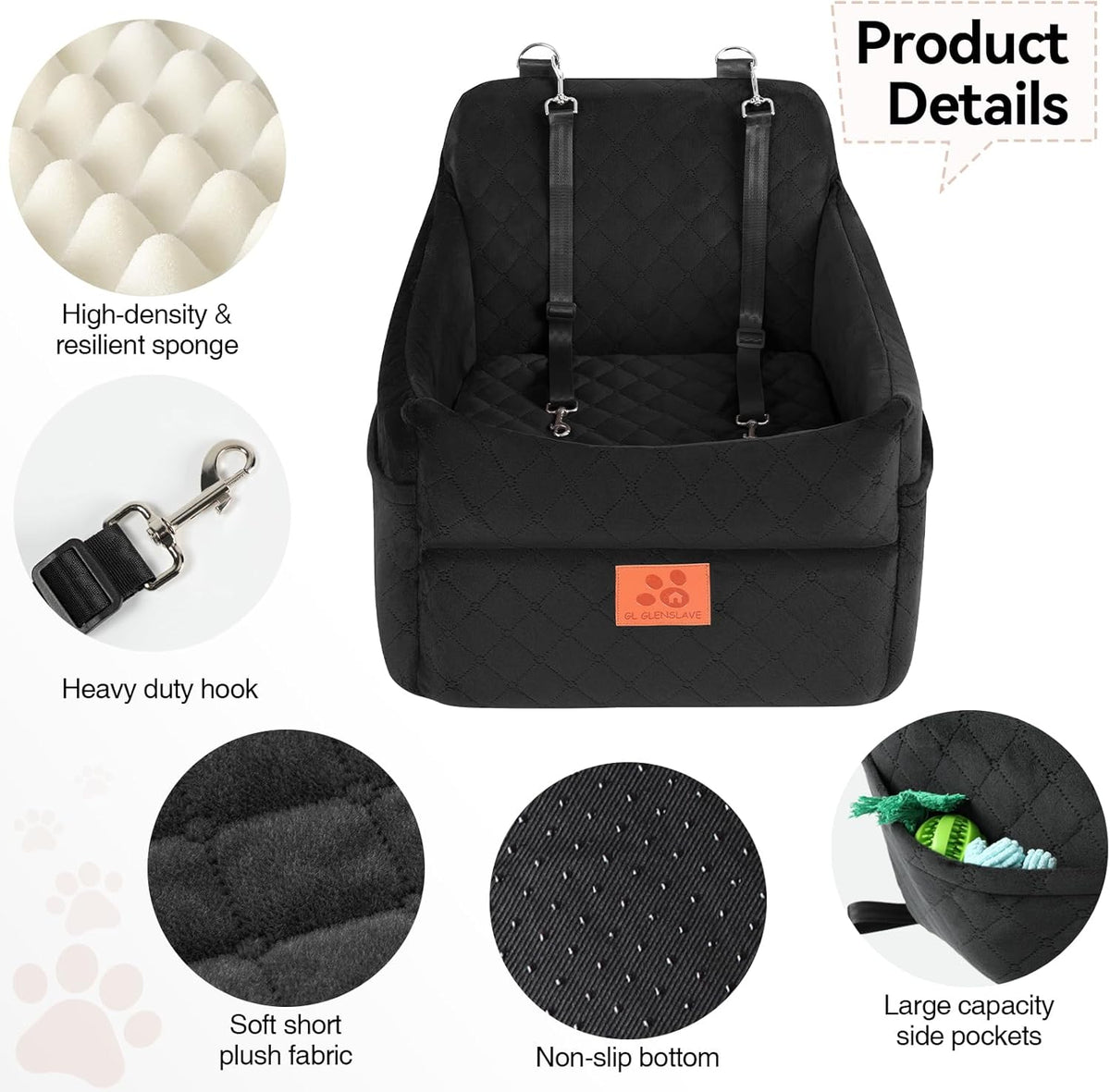 Dog Car Seat for Small/Medium Dogs, Dog Booster Car Seats with Thick Cushion for Dogs Under 35lbs, Detachable Washable Pet Car Seat with Storage Pockets, 2 Safety Belts(Black)