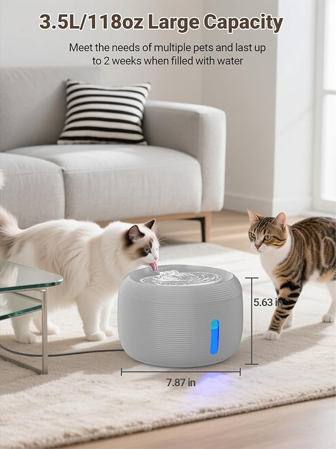 SIBAYS 3.5L/118oz Large Capacity Cat Water Fountain, Automatic Quiet Pet Water Fountain for Cats Indoor Cat Drinking Fountain, Dog Water Bowl Dispenser with LED Light & Water Level Window(FS77, Grey)