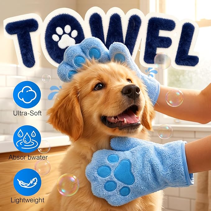 Paw Bathing Towel for Cats Puppy, Machine-Washable Reusable Pet Grooming Towel - Soft, Absorbent Quick-Dry Bath Mitt for Dirt Odor Removal, Daily Care & Travel (Grey)