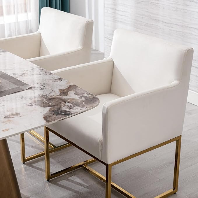 Upholstered Dining Chairs with Arms Set of 4 Mid Century Modern Accent Chairs Armchairs with Gold Metal Frame, Velvet Modern Kitchen & Dining Room Chairs, Cream