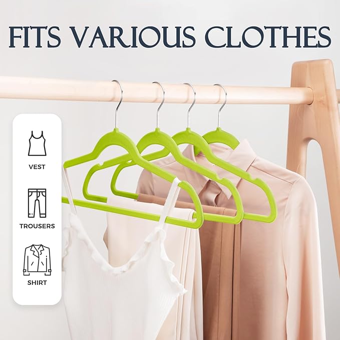 HOUSE DAY Vibrant Green Velvet Hangers 60 Pack, Non Slip Clothes Felt Hanger Heavy Duty for Coat, Premium Slim Space Saving Suit Hangers for Closet Organizer, 360° Rotating Silver Hook
