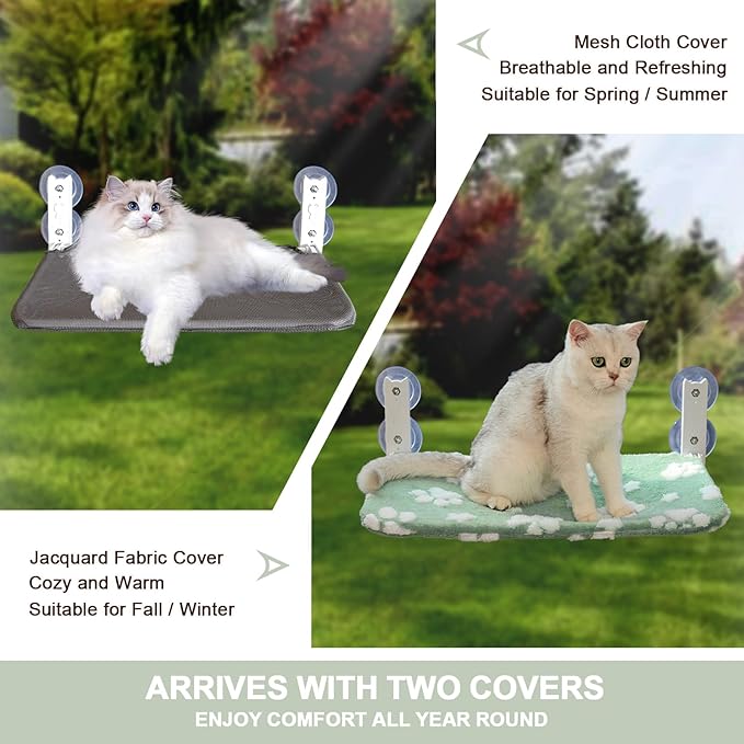 Cat Window Perch, Foldable Cat Window Hammock with Cute 3D Textured Flower Cover, Breathable Mesh Cover and Strong Suction Cups, Cordless Window Seat Bed for Indoor Cats (Green, Medium)
