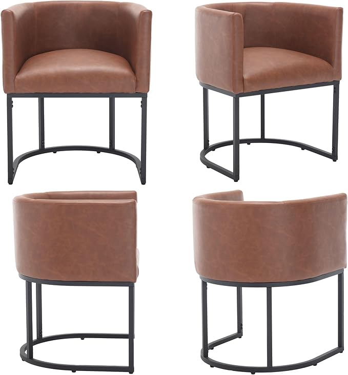 Faux Leather Dining Chairs Set of 3 Modern Barrel Arm Chairs with Black Metal Frame, Upholstered Kitchen Chairs 18.5" Wide Accent Chairs for Living Room Dining Room Restaurant, Brown