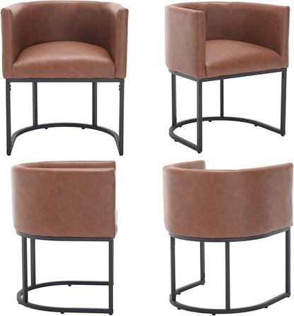 Faux Leather Dining Chair Modern Barrel Arm Chairs with Black Metal Frame, Upholstered Kitchen Chairs 18.5" Wide Accent Chair for Living Room Dining Room Restaurant, Brown