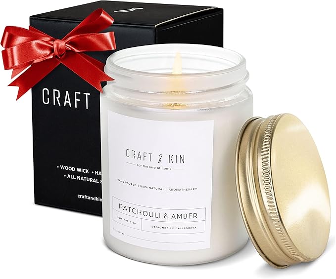 Craft & Kin Patchouli & Amber Christmas Scented Candle | 8 Oz, 45-Hour Long Lasting | Classic Soy with Woodwick Winter Candles | Made with Natural Soy | Holiday Candles Gifts for Men and Women