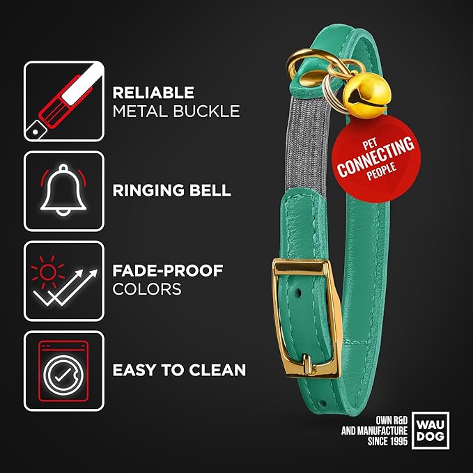 WAUDOG Ultra Soft Rolled Leather Cat Collar with Removable Bell, Safety Elastic Strap and QR ID Tag - Soft Padded for Small, Medium, and Large Cats - Round Kitten Collar for Male and Female Cats