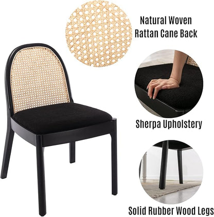 LukeAlon Modern Sherpa Dining Chairs Set of 6, Natural Woven Rattan Cane Back Side Chairs with Solid Wood Legs Mid Century Dinner Chairs for Kitchen Living Room, Black