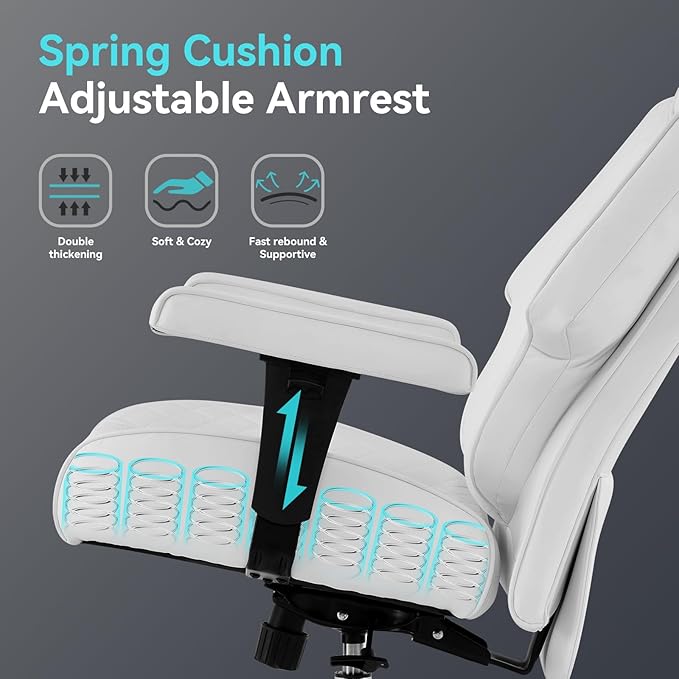 Big and Tall Office Chair with Footrest, PU Leather High Back Executive Office Chair 400lbs, Ergonomic Computer Chairs Lumbar Support for Heavy People (White)